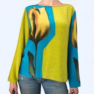 Diane Von Furstenberg Blue and Green Floral Long Sleeve Silk Top